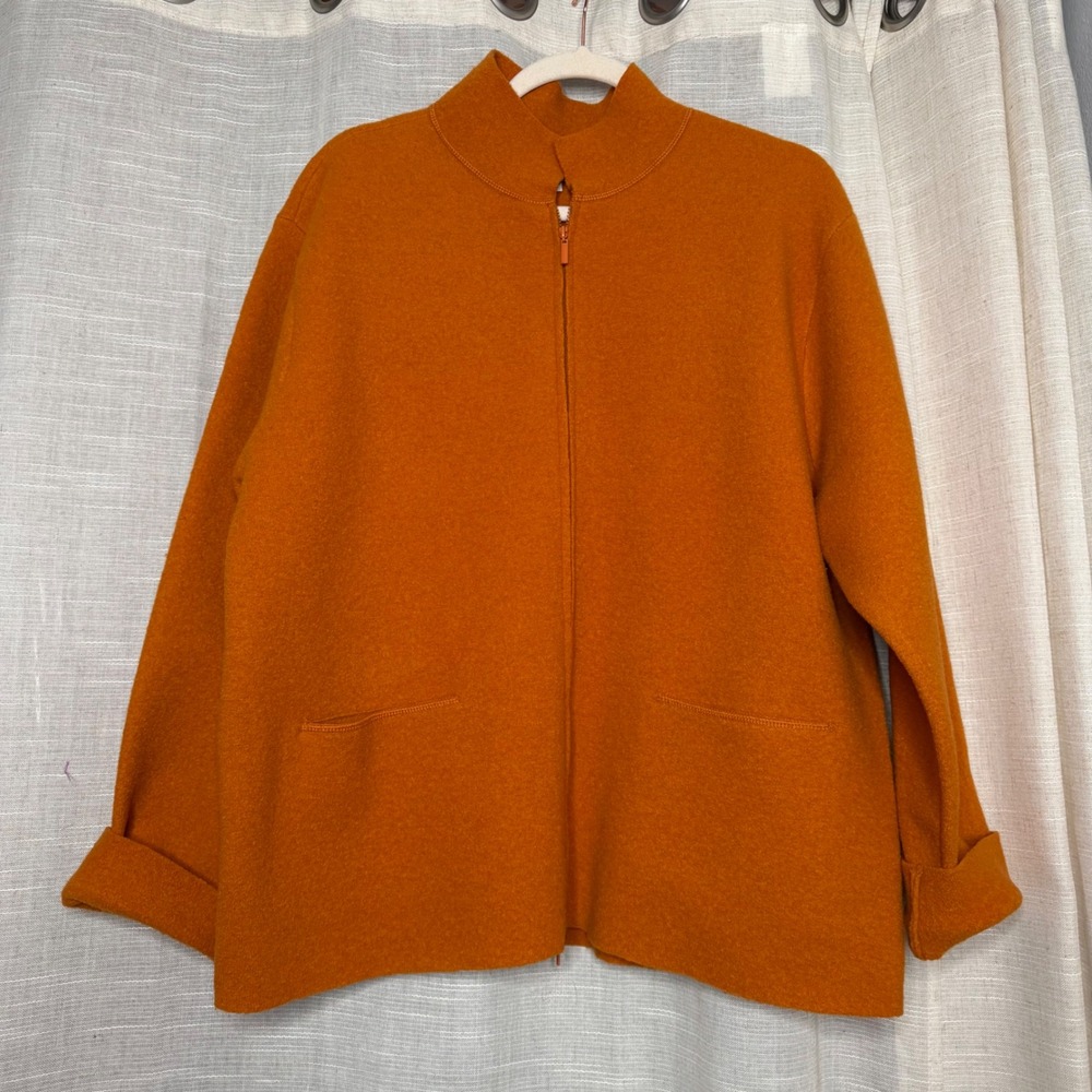 Eileen Fisher Boiled Wool Zip Up Mock Neck Jacket Burnt Orange Women's Large